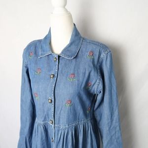 Vintage 90s blue denim floral embroidered a-line midi shirt dress S